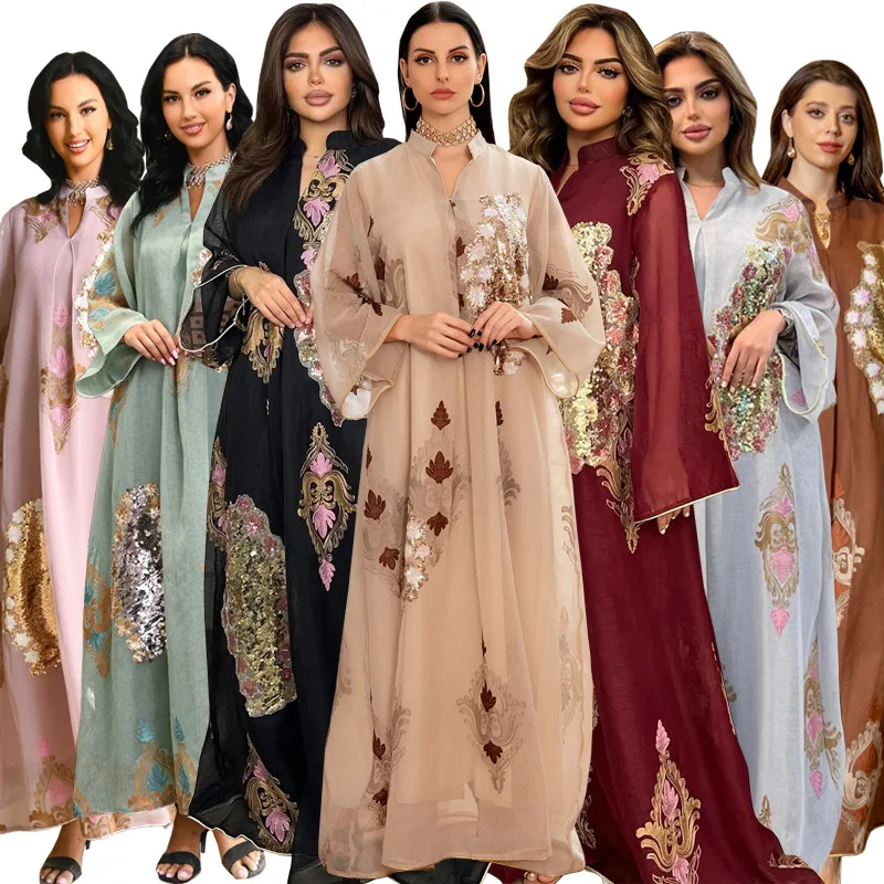 

Casual Muslim Moroccan Caftan Long Dress Chic Mesh Embroidery Full Sleeve Notched Stand Collar Robe Dubai Abaya Women