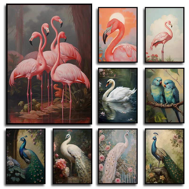 Vintage Birds Peacock Swan Flamingo Parakeet Posters and Prints Canvas Painting Wall Victorian Art Pictures for Room Home Decor