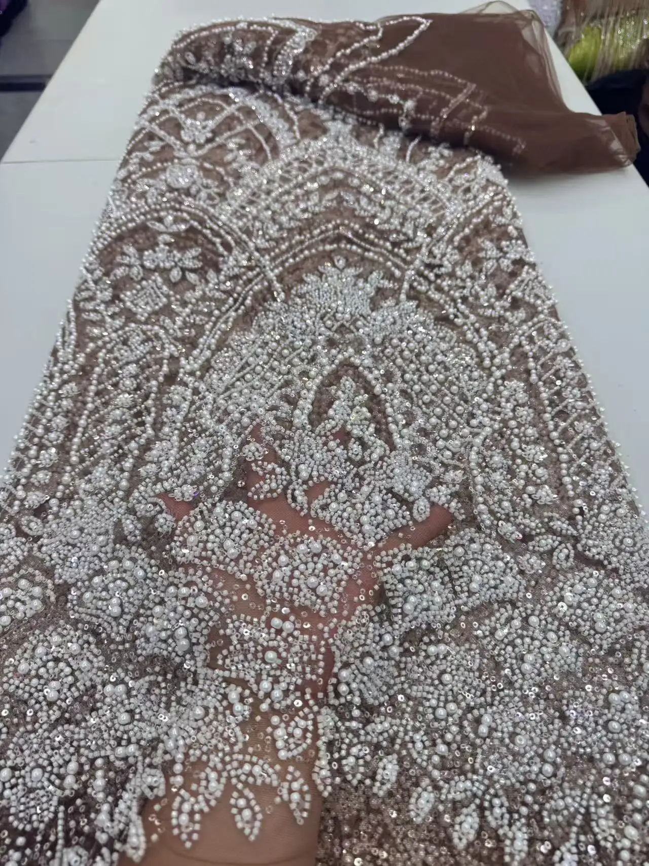Luxury French 3D Sequins Lace Fabric 2026 High Quality Nigerian Beads Lace Fabric For Wedding Party Dress Sewing 5 Yards