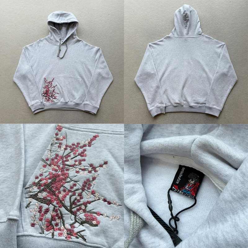 

Худи Derschutze Blossom с вышивкой сакуры, серые, свободного кроя, с капюшоном и шнурком, высокое качество, для мужчин и женщин, коллекция Весна-Лето 2026