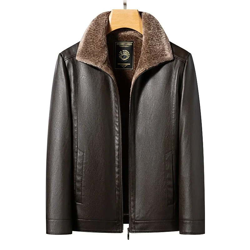 Lapel Leather Jacket Men Fleece-Lined Thicken Casual Large Size Winter Cold-Proof Middle-Aged and Elderly Men Leather Coat