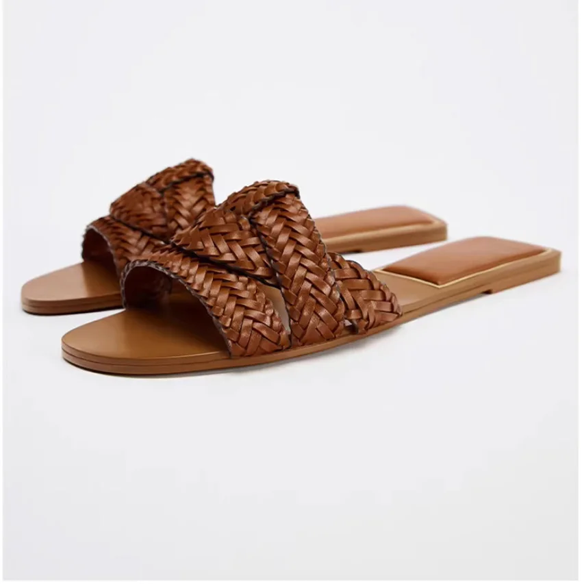 2026 Summer Slippers Weave Knit Crochet Women Sandals Slides Mules Flats Flat Heel Casual Beach Shoes Bohemia Boho Streetwear