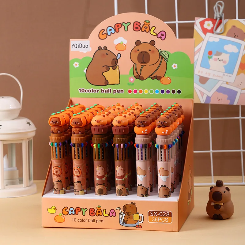 36pcs-10-colors-capybara-retractable-ballpoint-pen-creative-animal-multi-color-ink-pen-painting-mark-student-stationery-prizes