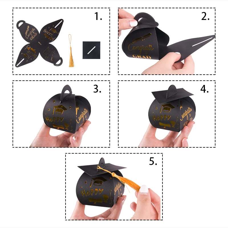 5pcs Grad Cap Shape Gift Box Black gold Gift Box Candy Chocolate Paper Boxes Celebration Graduation Party Decoration Supplies