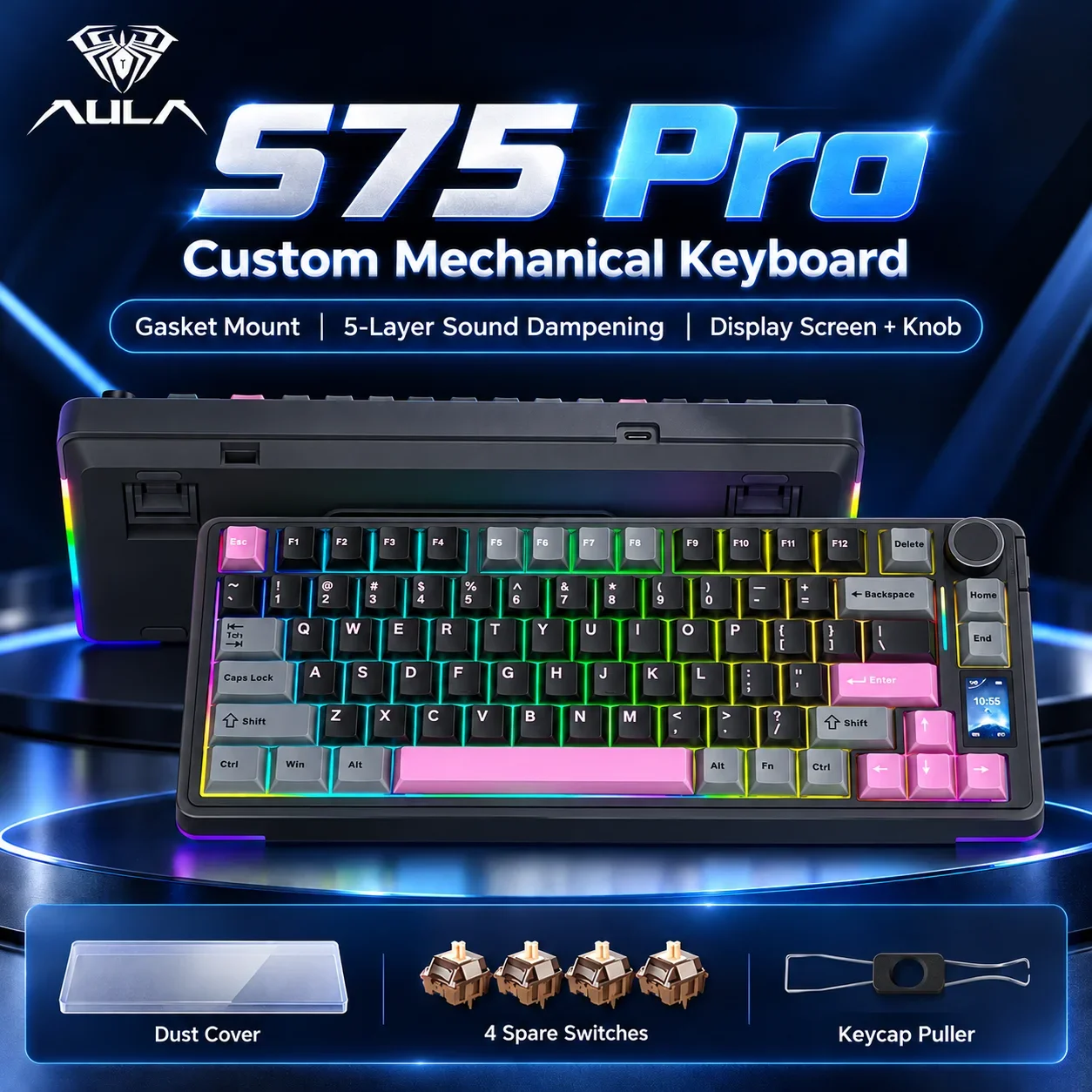 Teclado de jogos sem fios AULA S75Pro, 80 teclas, bateria de 4000 mAh, retroiluminação RGB, ecrã LCD, botão rotativo, três modos de funcionamento, mecanismo de teclas, para PC e computador de secretária.