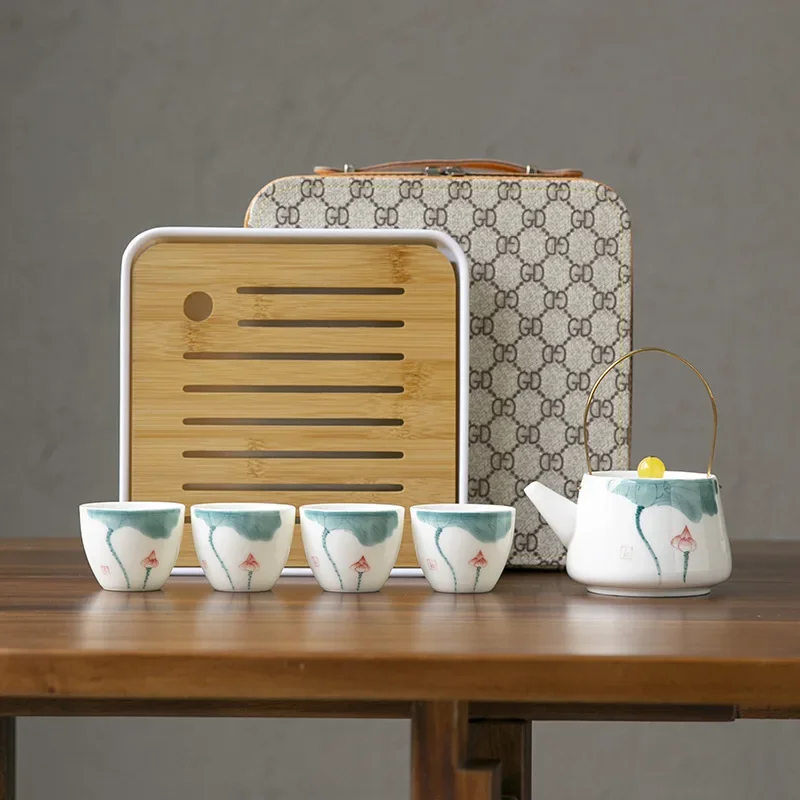 Designer Flowers Hand-painted Lotus Portable Tea Set, One Pot Four Cups with Tea Tray, Travel Home Office Gift Companion Tea Set