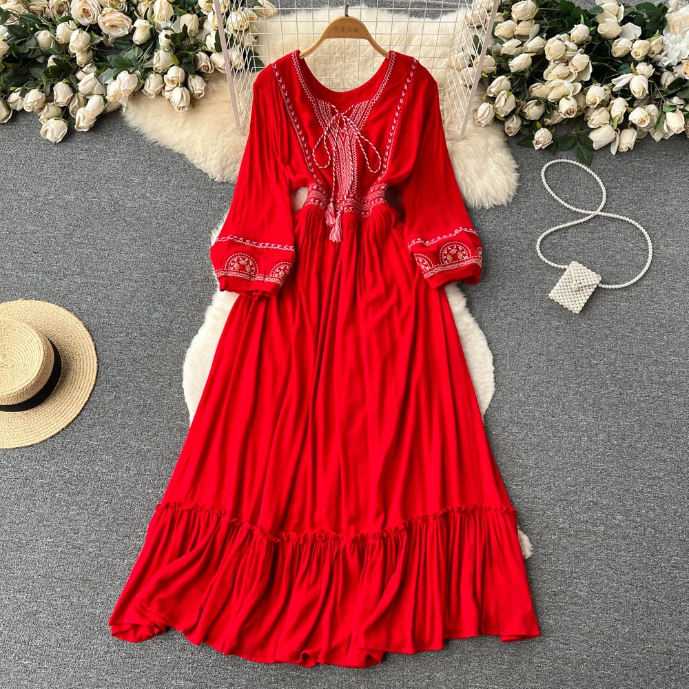 

Spring Autumn Bohemian Ethnic Red Dress Women's Long Lantern Sleeve V-neck Lace Up Waist Vestidos Elegantes Para Mujer J115