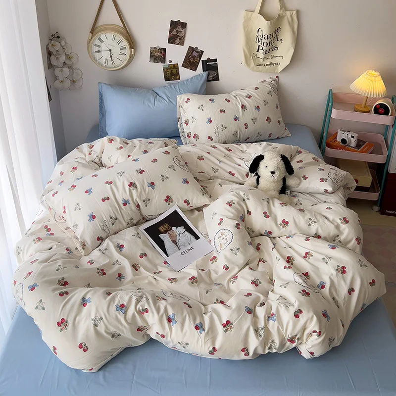 Cute Cartoon Rabbit Duvet Cover 100% Washed Cotton Floral Bedding Set Kawaii Fruit Strawberry Comforter Cover with 2 Pillowcases