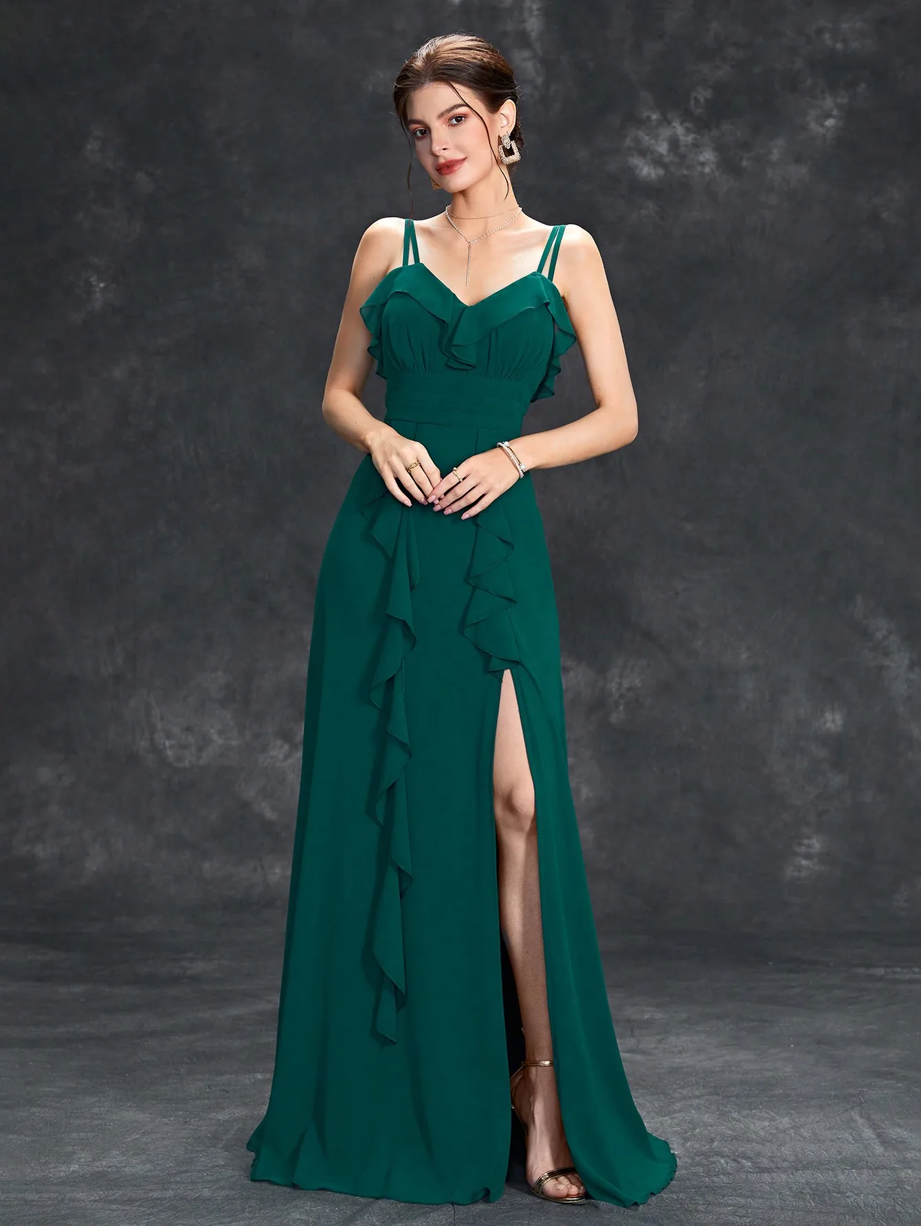 

Customize New V-neck Ruffled Waist Discount Chiffon Slit A Full Skirt Evening Gown Ball Dress Party