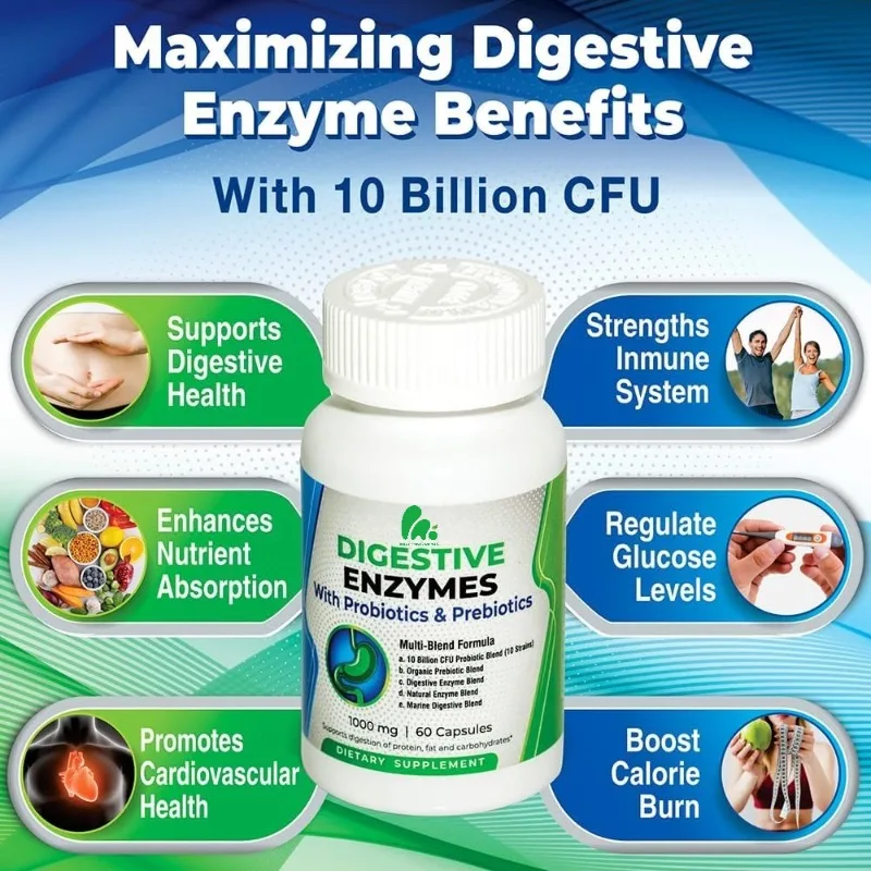 

Digestive ENZYMES 1000MG + Prebiotics and Probiotics for Women and Men - 60 Capsules