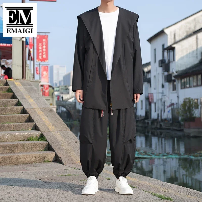 

Men Dark Black Loose Casual Hooded Cardigan Shirts Wide Leg Harem Pants Sets Yoga Tea Art Cloak Clothes Tracksuits Costumes