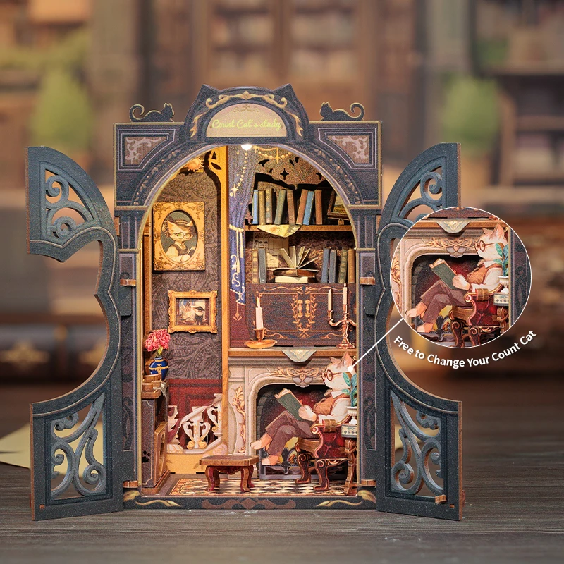 DIY Miniature Book Nook Shelf Insert – Cat’s Study 3D Wooden Puzzle Kit with LED Lights 4