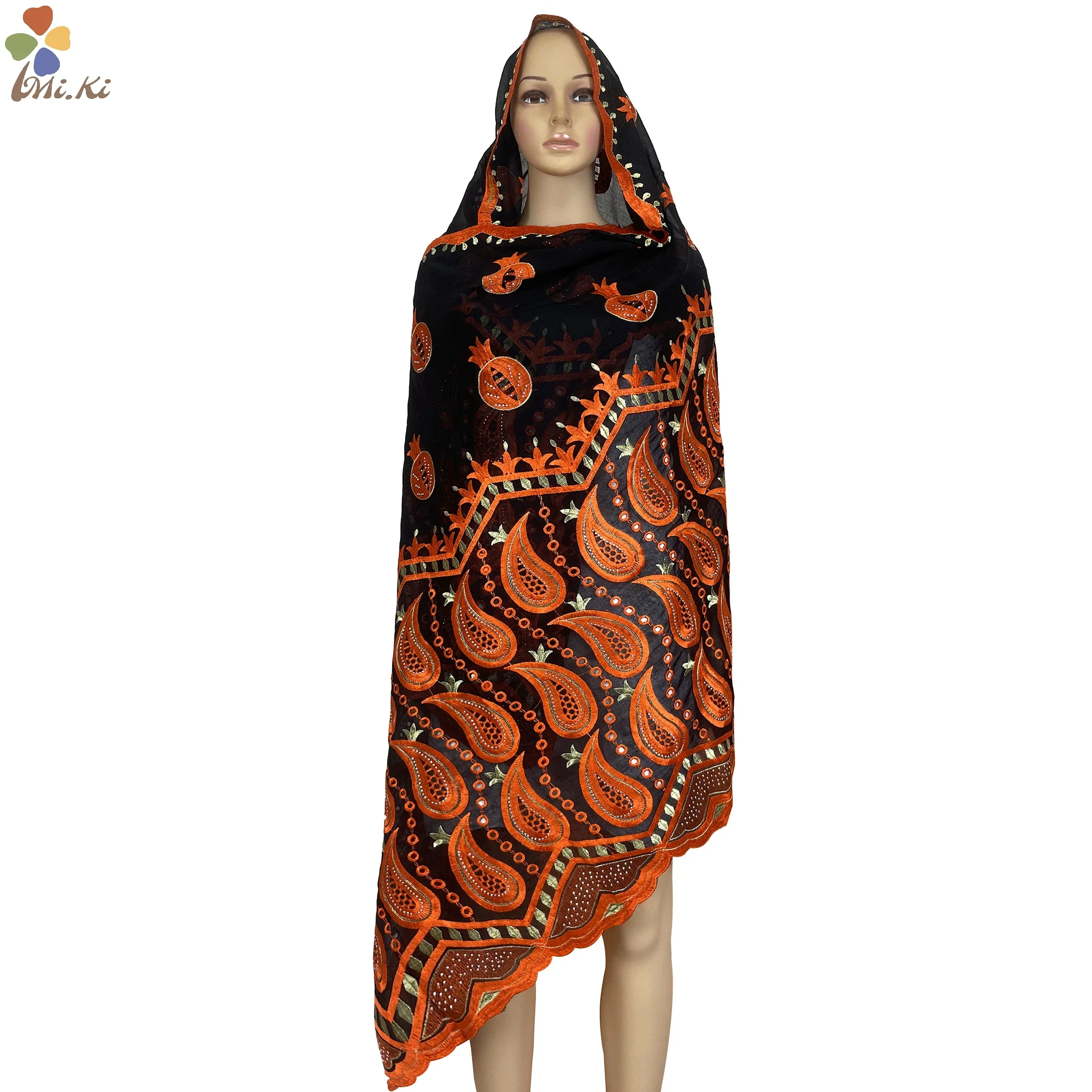 Latest High Quality African Women Scarf Cotton Embroidery Paired with Grenadine Large Size Scarf Muslim Women Shawl Pashmina