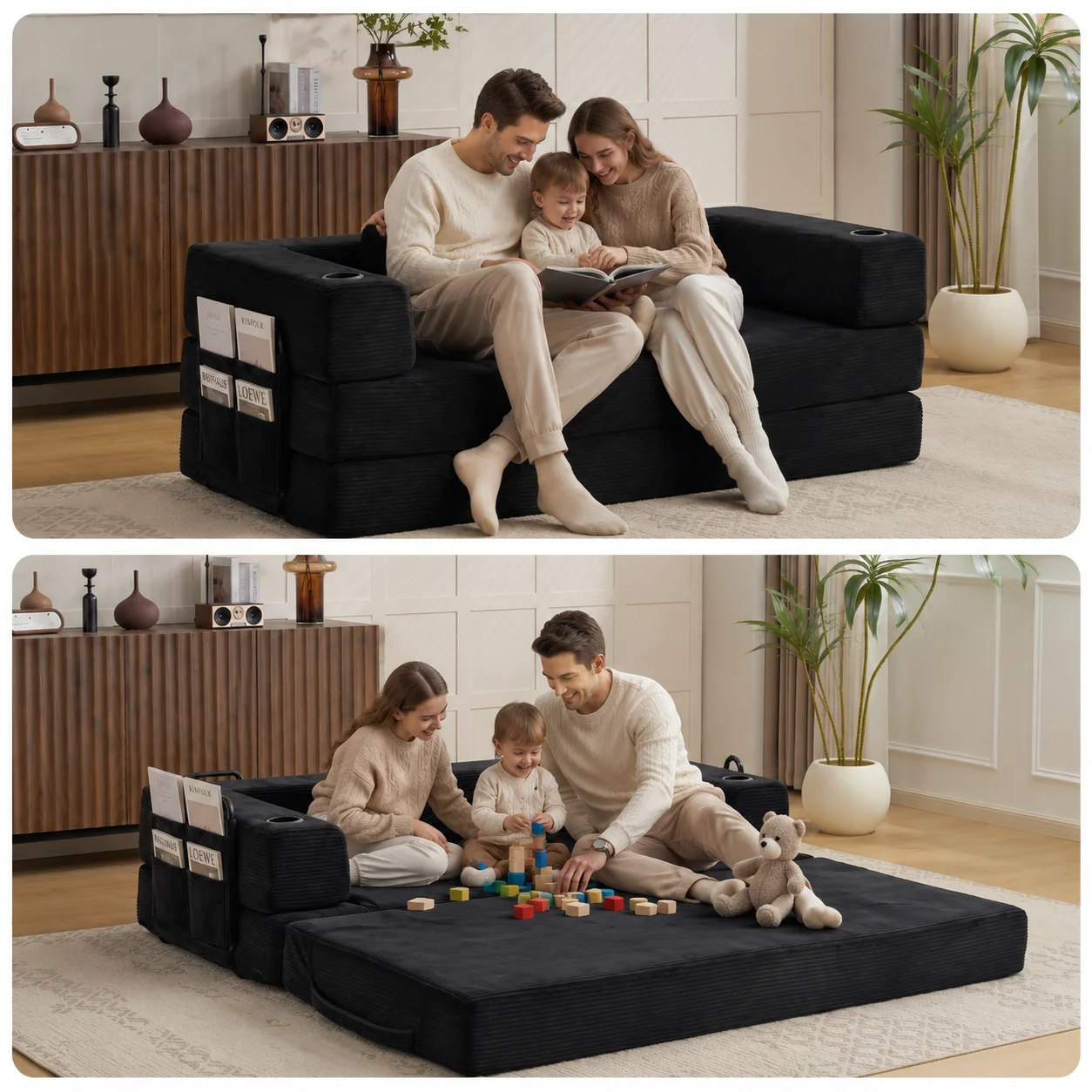 Ombouwbare zwarte opvouwbare corduroy slaapbank, geen montage nodig, compressiegevormd schuim, relaxfauteuil met bekerhouder en zijvak, gratis combineerbare modulaire slaapbank voor woonkamer,