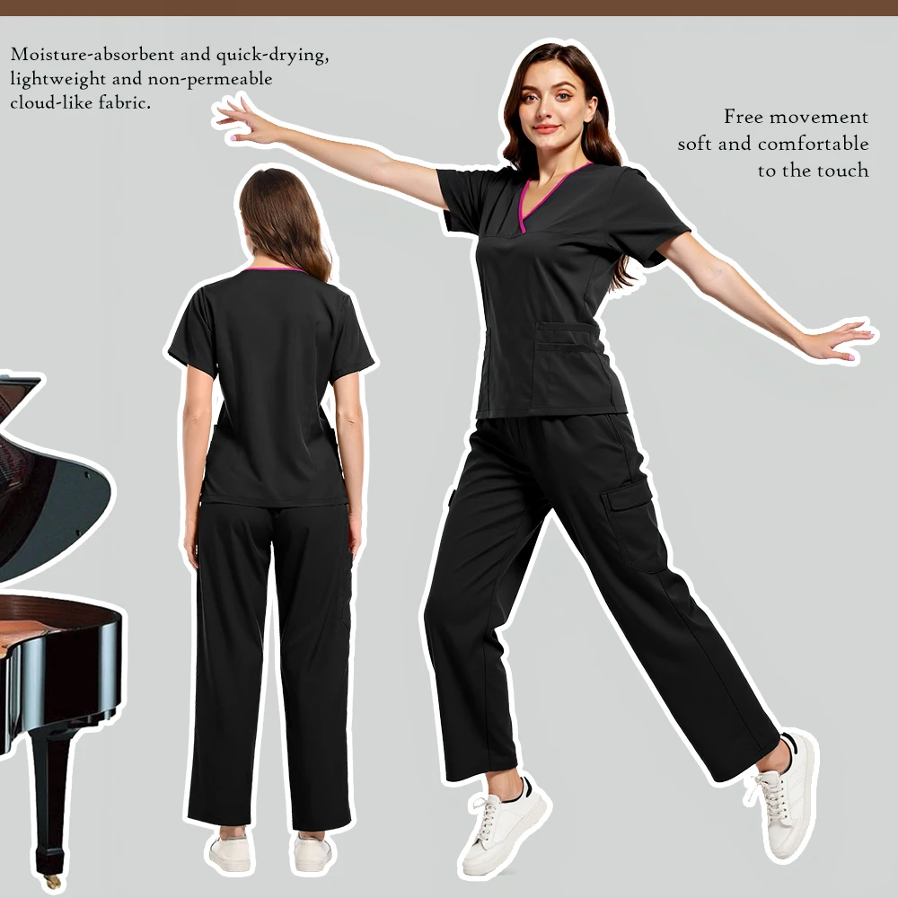 

Nurse Scrubs Uniform Women Medical Scrub Set Pocket Top+Pants 2 Piece Suit Nursing Operating Room Clothes Beauty Salon Work Wear