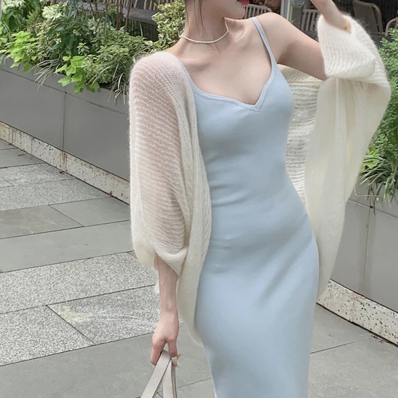 Mohair Knitted Cardigan Women Sun Protection Shirt Solid Color Lazy Style Top Sweet Long Sleeves Breathable Thin Style Summer