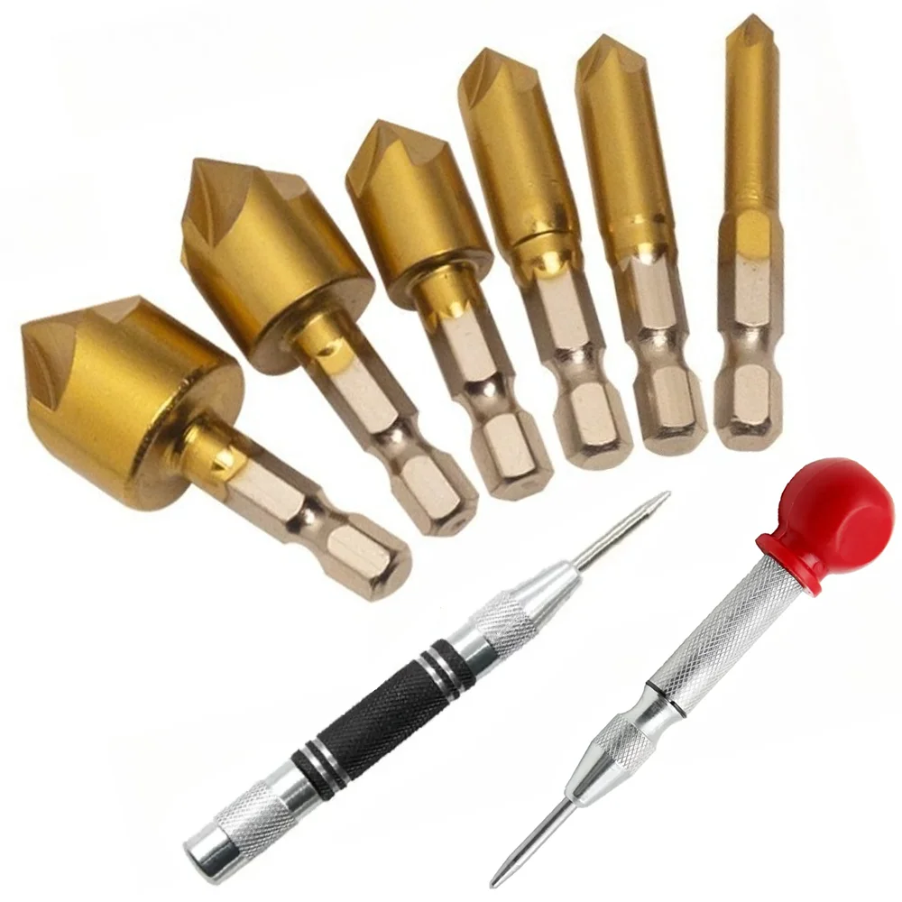 Auto-Zentrierpunktstempel und Senkbohrer-Set, 1/4'' Sechskantschaft, HSS, 5-schneidig, Senkbohrer-Zentrierpunktstempel-Werkzeug