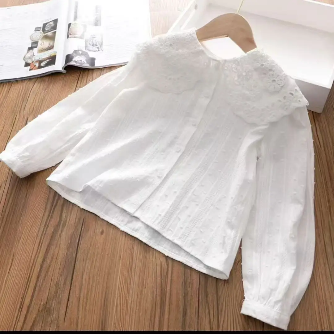 

Spring and Autumn Kids Girls Cotton White Shirt Baby Lace Top Korean Shirt Children's Loose Bottom Shirt Top For Girl 3-14 Year