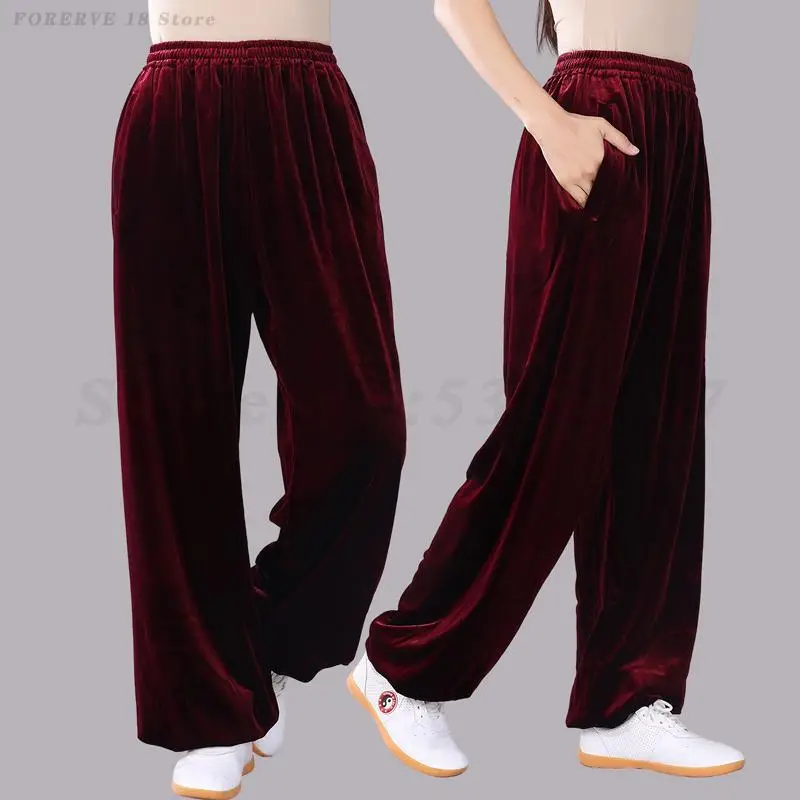 

Брюки для тай-чи больших размеров, мужские и женские бархатные брюки-фонарики, осенне-зимние велюровые брюки, традиционная одежда для боевых искусств, кунг-фу