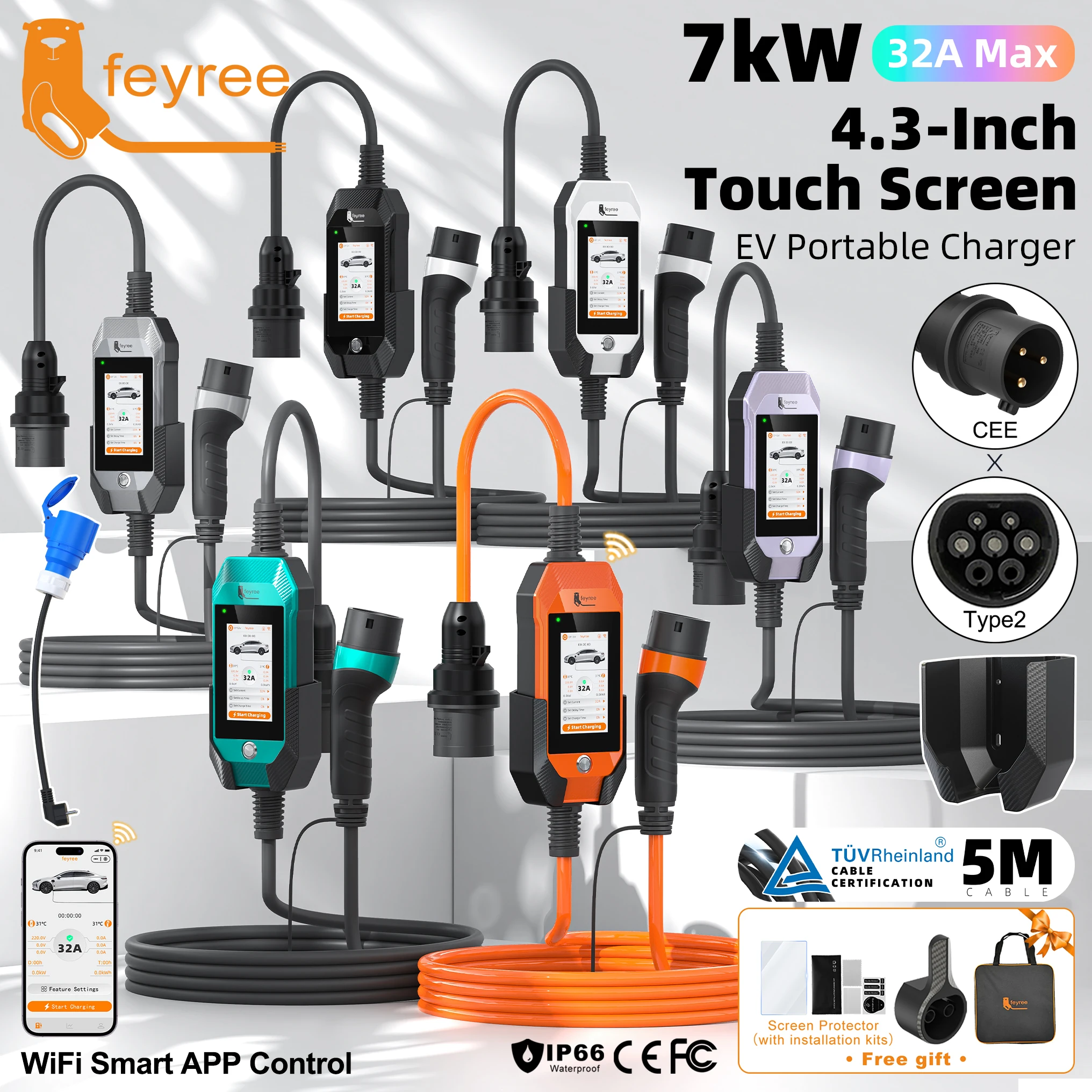 Chargeur EV portable feyree Type 2 7kW, prise de charge, écran tactile 4,3 pouces avec application Wifi intelligente, chargeur domestique AC, design professionnel