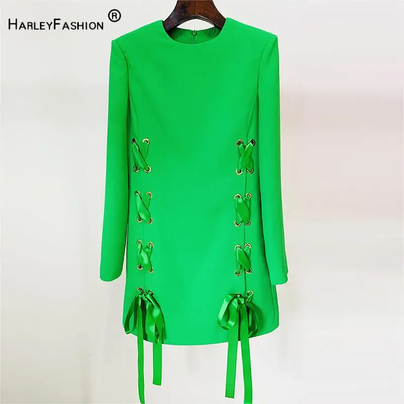 2024 Spring New Arrival Lady Casual Wear Long Sleeve Round Collar Women Solid Lace-up Mini Dress