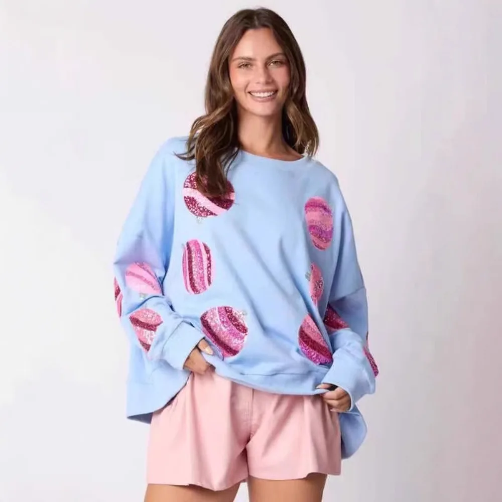 Women’s Christmas Sweatshirts Sparkle Sequin Ball Print Long Sleeve Crew Neck Pullovers Tops Y2k Hoodie Streetwear women