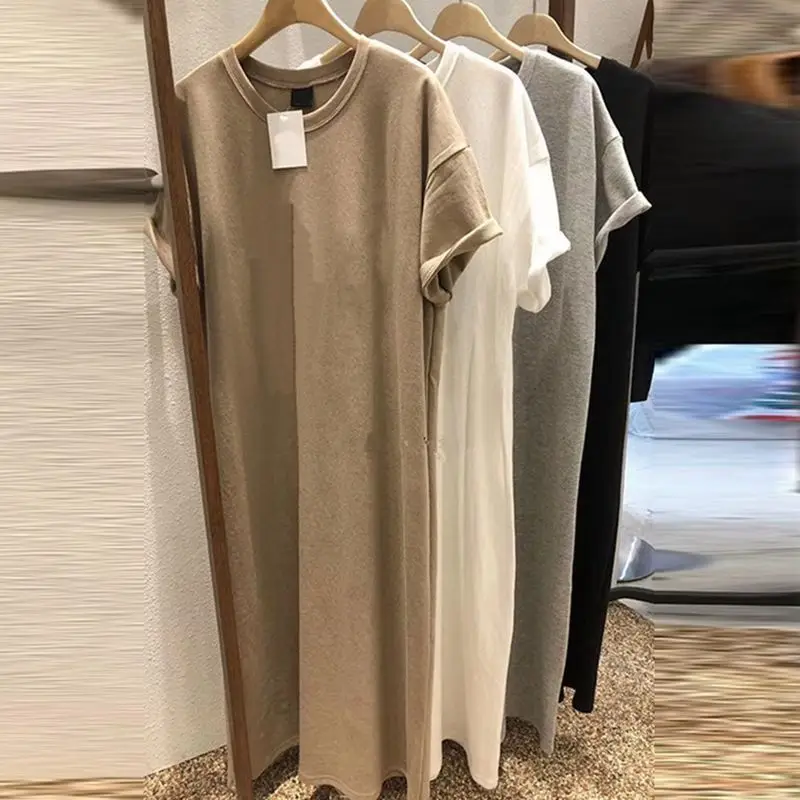 الصلبة الشارع عادية س الرقبة حجم كبير تي شيرت فستان الصيف قصيرة الأكمام البساطة كسول ميدي فستان موضة الملابس النسائية الكورية