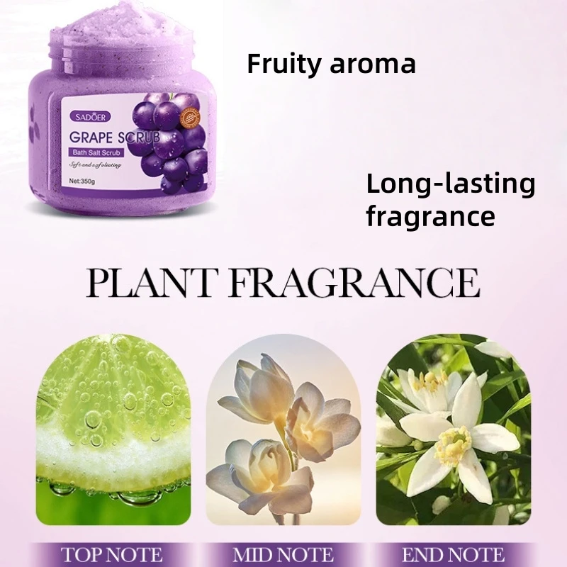 Grape Bath Salt Scrub 350g, Exfoliating, Moisturizing, and Smoothing, Facial and Body Scrub, Hypoallergenic, Physical Exfoliation, Can Be Used on Legs, Knees, Feet, Arms, Hands, and the Entire Body, a Great Gift for Family and Friends.