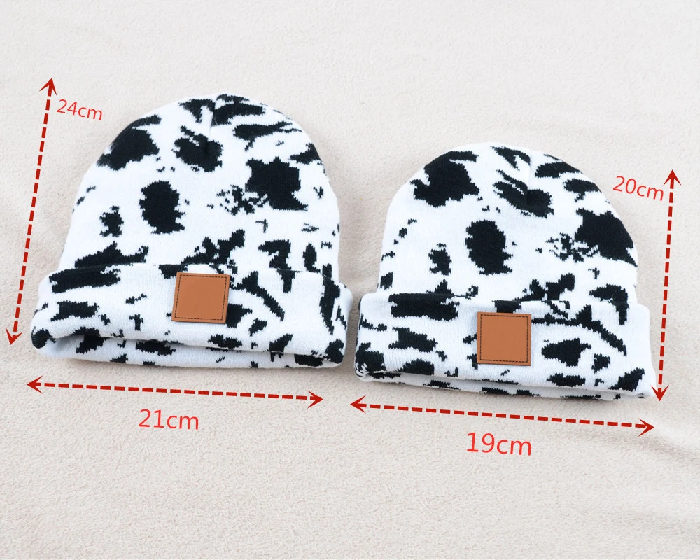 Cowprint Kids Adult Mommy and Me Beanies Knit Hat Double Layer Hem Wool Cap Hat Cheetah Print Beanies