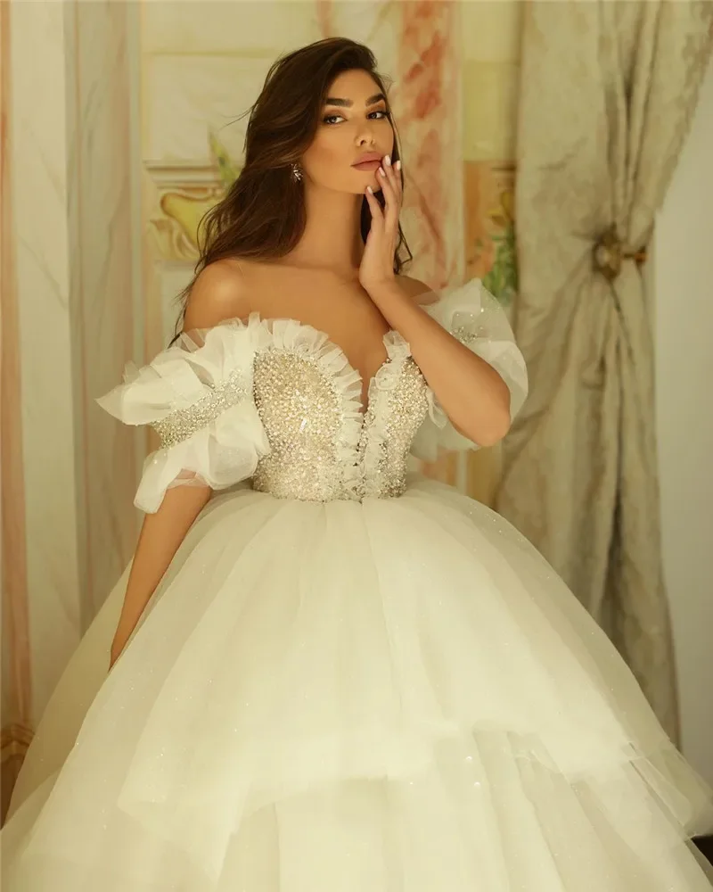 Vestido de novia elegante de tul blanco, camisola de perlas de cristal con cuello en V, vestido de novia largo hasta el suelo