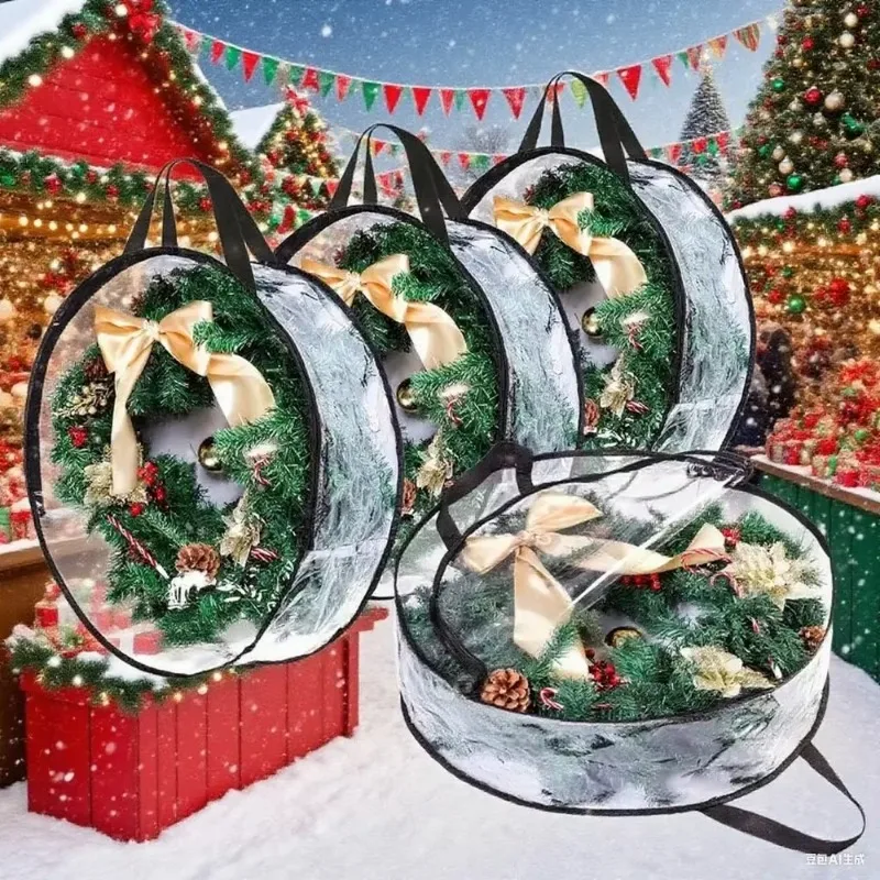 1pc Clear Christmas Garland Wreath Storage Bag with Handle and Dual Zipper Dustproof Container for Holiday Decor Storage