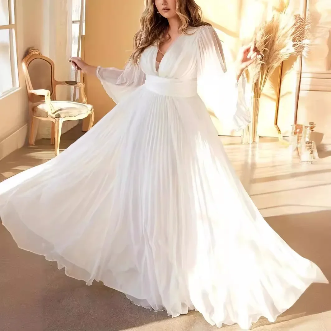 Frauen elegantes Falten kleid Frühling Sommer Mode ausgestellt Langarm V-Ausschnitt offener Rücken schlankes Design Fee Party Bankett