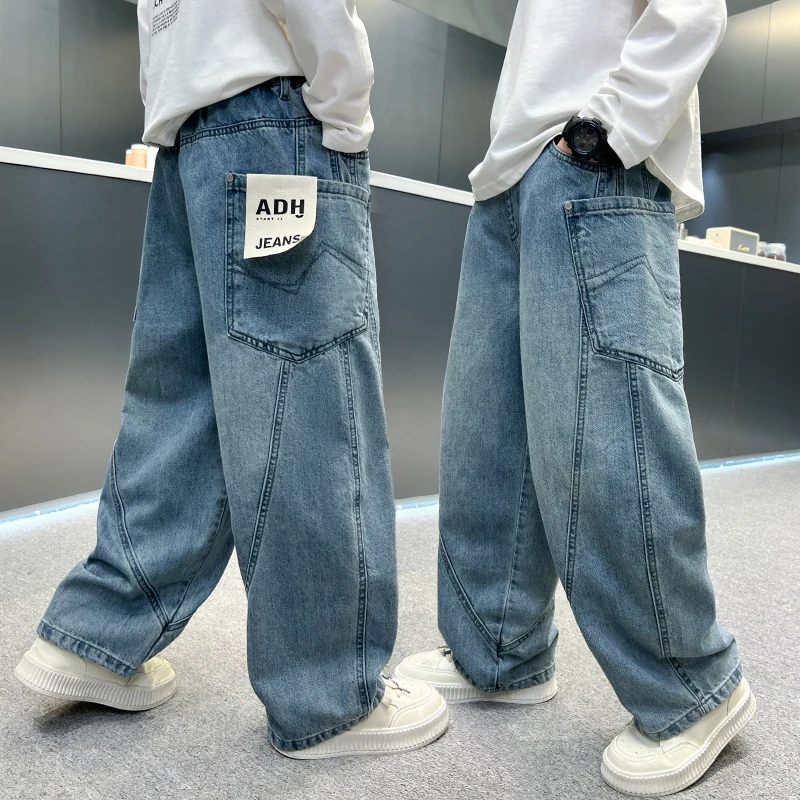 Korean Style Kids Baggy Jeans for Tweens Boys Elastic Waist Blue Denim Pants Children Loose Casual Trousers Age 5 6 8 10 12 14 Y