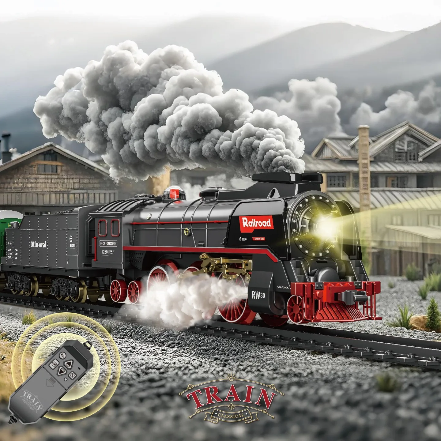 

Remote Control Railway Train Electric Train Track Retro Steam puzzle Toy With Lights & Sounds Kids Christmas Gift