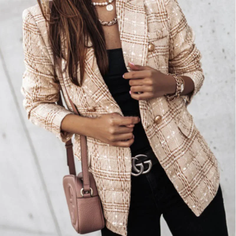 

Spring Autumn Women's Double Breasted Printed Suit Jacket Elegant Business Fashion Bazer Small Coat