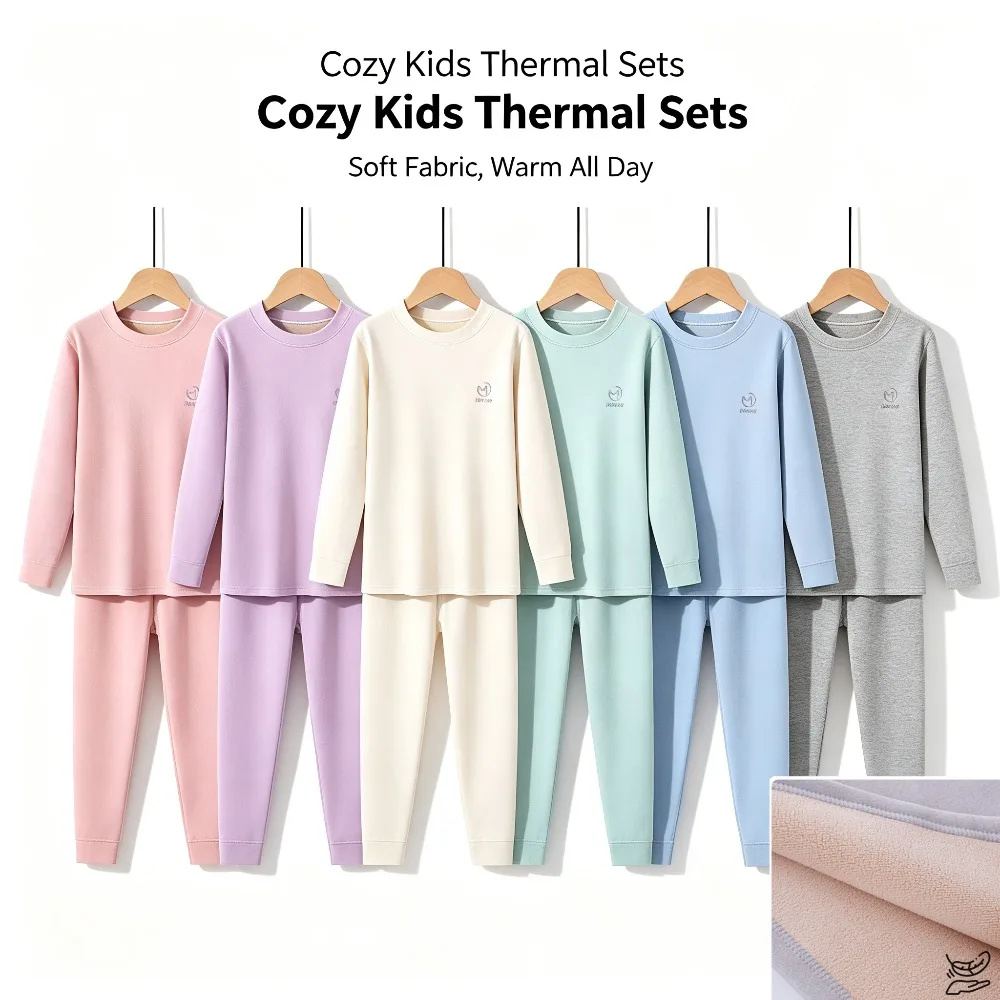 Kids Thermal Underwear Set Fleece Thick O-Neck Top Pants Soft Warm Winter Base Layer Sleepwear Boys Girls 4-12 Years Loungewear