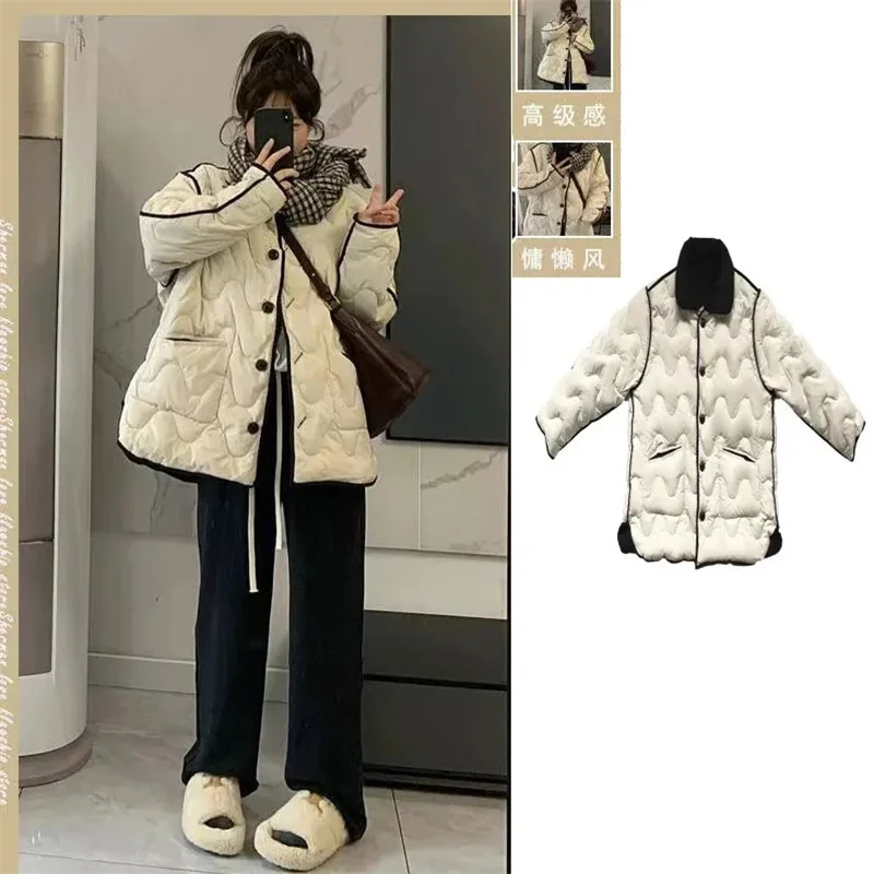 [Double-sided wear] 2023 Winter Small Fragrant Wind Senior Sense Rhomboid Lattice Korean Version Thin All Cotton Clothes Woman