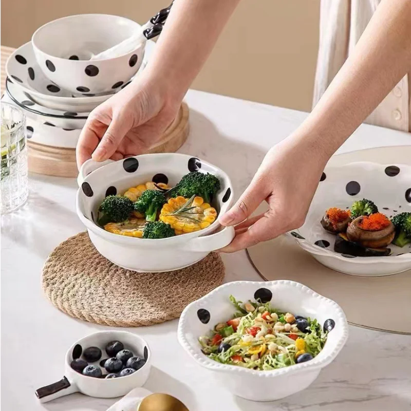 Creative Black Polka Dot Ceramic Dinner Plate Salad Bowl Home Breakfast Bowl Hotel Cooking Dish Porcelain Plate Kitchen Utensils