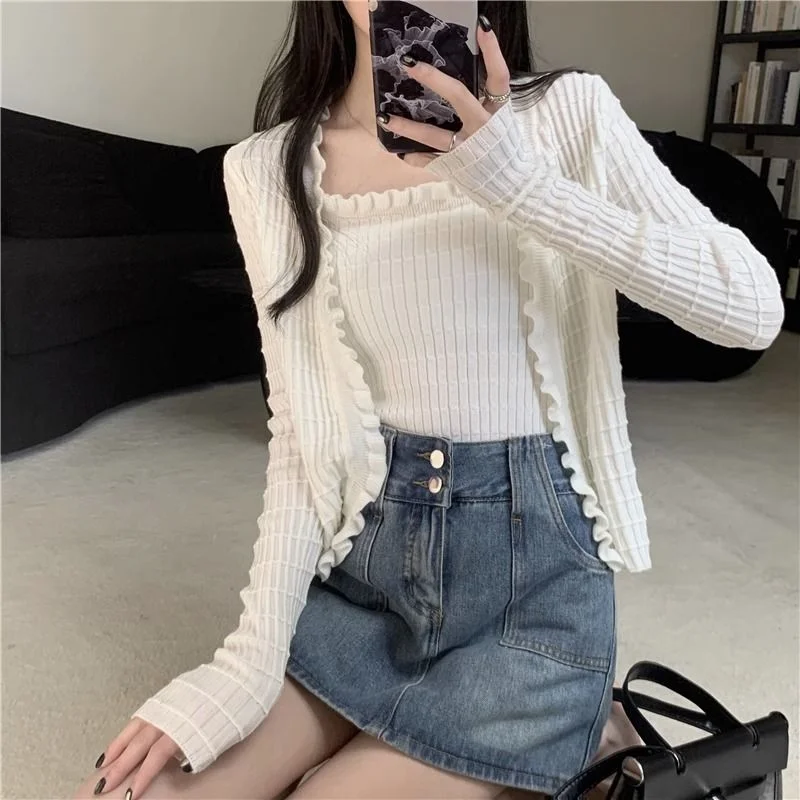 Women's Spring Autumn New Black Ear-Ear-Knitted Cardigan with Two-Piece Long-Sleeve Short Top