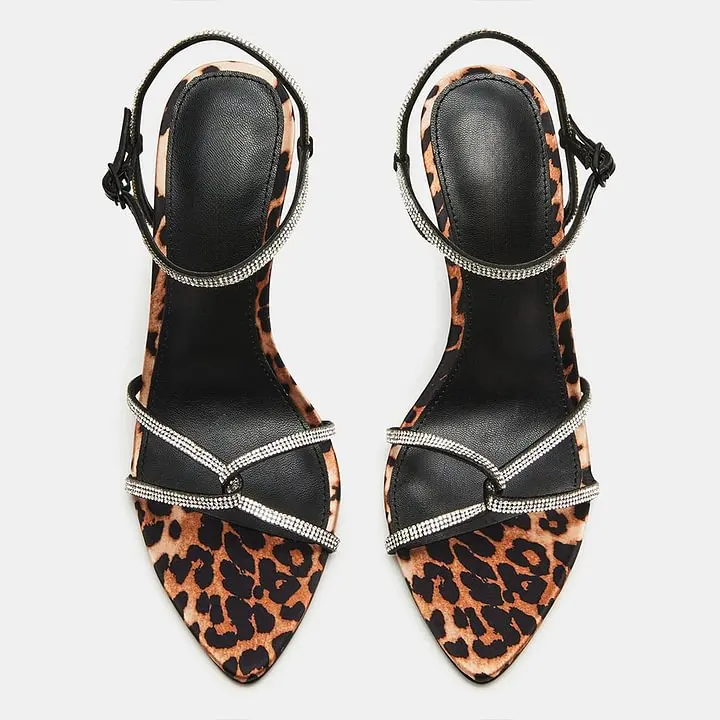 Black & Brown Leopard Print Rhinestone Strappy High Heels Sandals