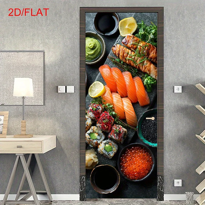 1 par de pegatinas autoadhesivas japonesas para puerta con decoraciones de salmón, atún, mostaza, salsa de soja, caviar y miso - fáciles de usar