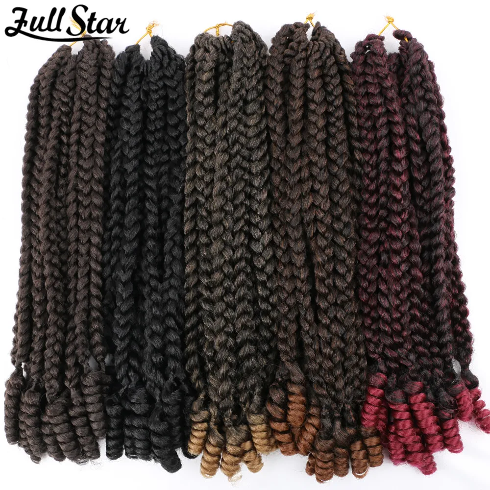 Full Star Wavy Box Braids Crochet Braid Hair Extensions Ombre Synthetic Box Braids With Curly End Crochet Braids For Woman Girls