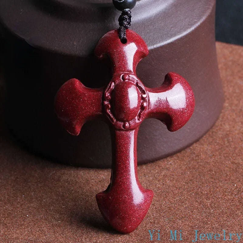 Natural Raw Mineral Vermilion Cross Pendant with Purple Gold Sand for Men and Women Carrying Ornaments Necklace Pendant