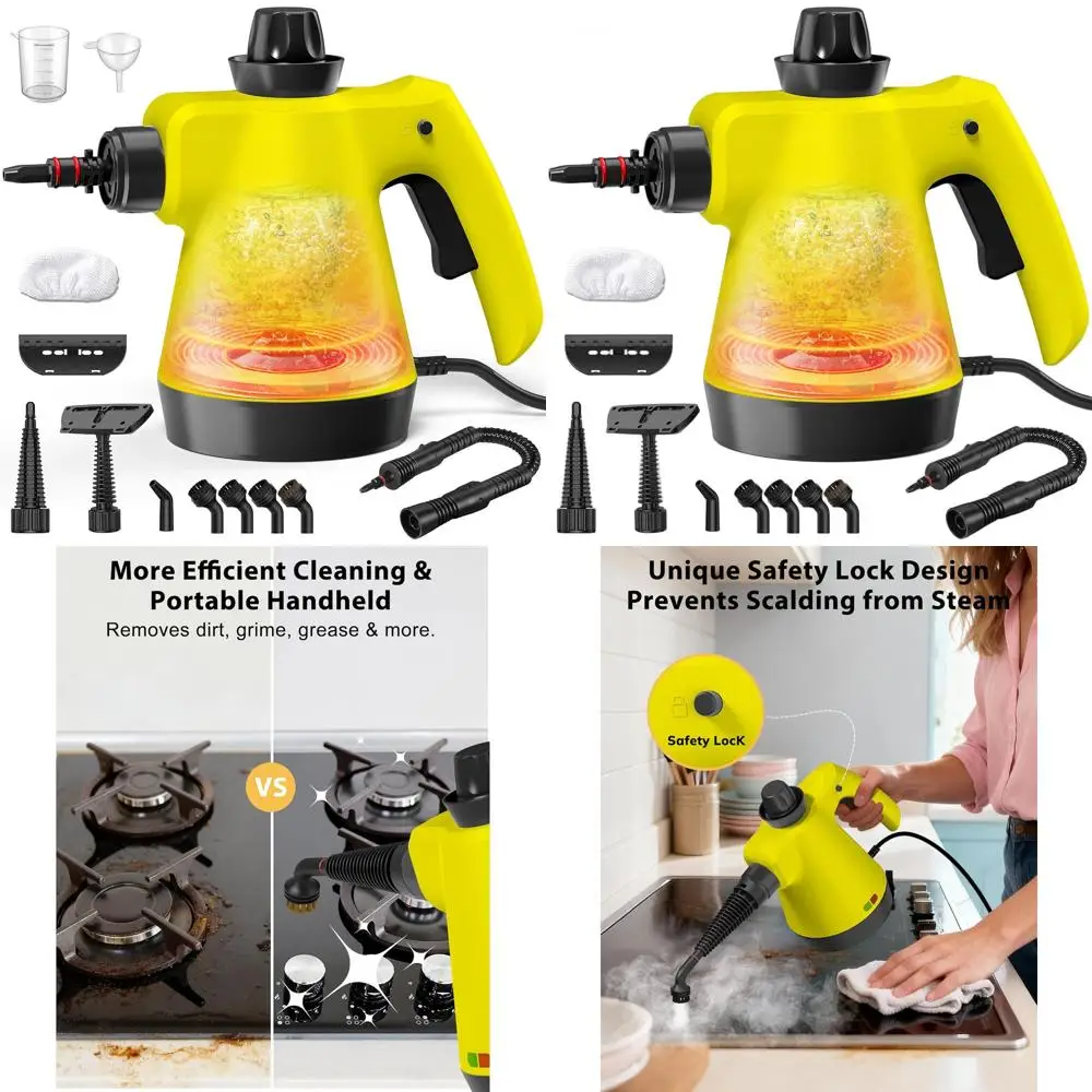 

Portable Steam Cleaner with 12 Accessories for Home, Tile, Windows, Bathrooms, Kitchens, Cars - Yellow