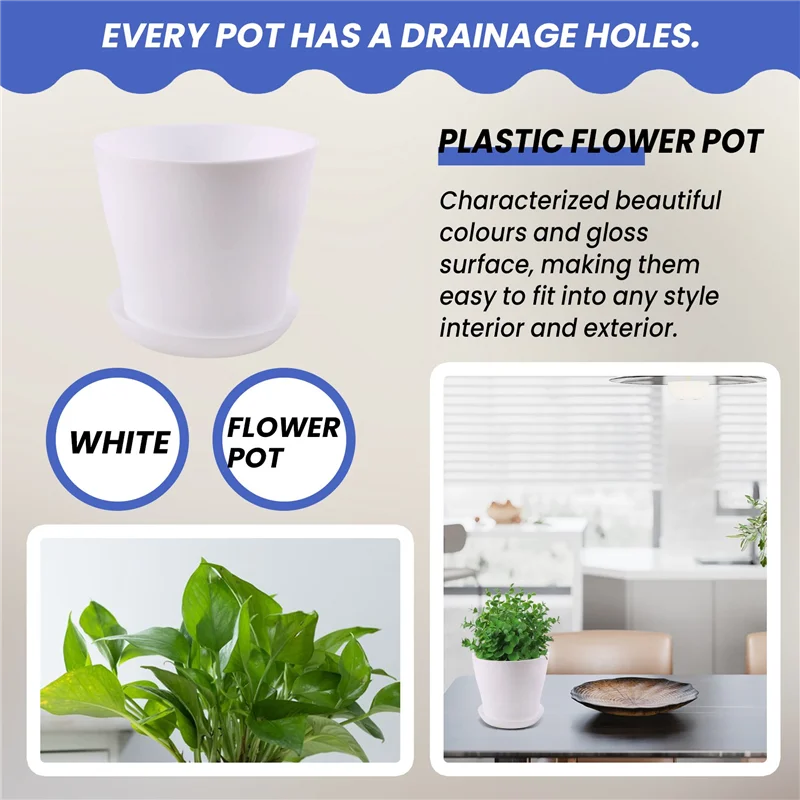 A50I Plastic Plant Flower Pot Planter With Saucer Tray Round Gloss Home Garden Decor