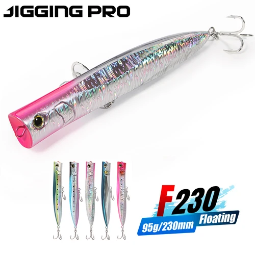 JIGGING PRO 230mm 95g Slim Topwater Popper Señuelos de Pesca flotante de fundición larga cebos duros artificiales superficie de atún aparejos de pesca