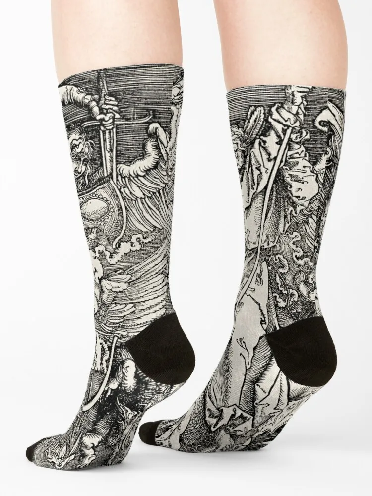 Saint-Michael Fighting the Dragon from The Apocalyps Ink Medieval Fine Art Vintage paper Albrecht Dürer HD High Quality Socks