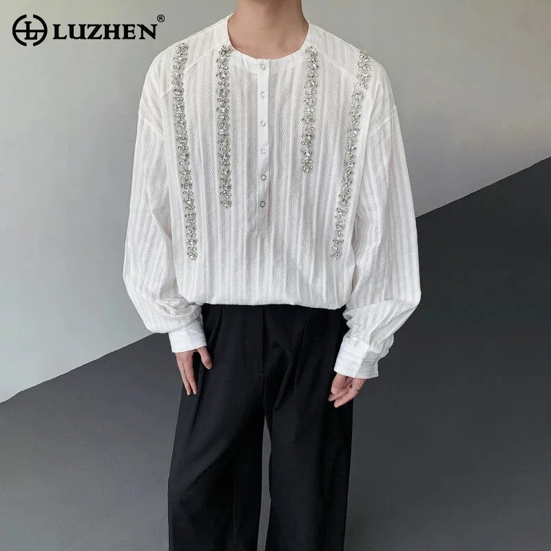 

LUZHEN элегантная рубашка с длинными бриллиантами и рукавами в стиле пэчворк, роскошная мужская рубашка, новинка 2025, однотонные оригинальные корейские повседневные топы JY5563