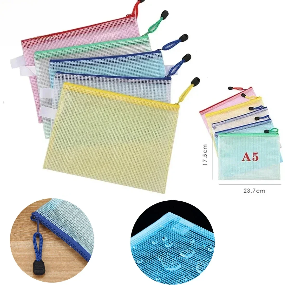 

5PCS Stationery Storage Folder File Mesh Zipper Pouch A5 Document Bag Zip File Folders School Office Supplies