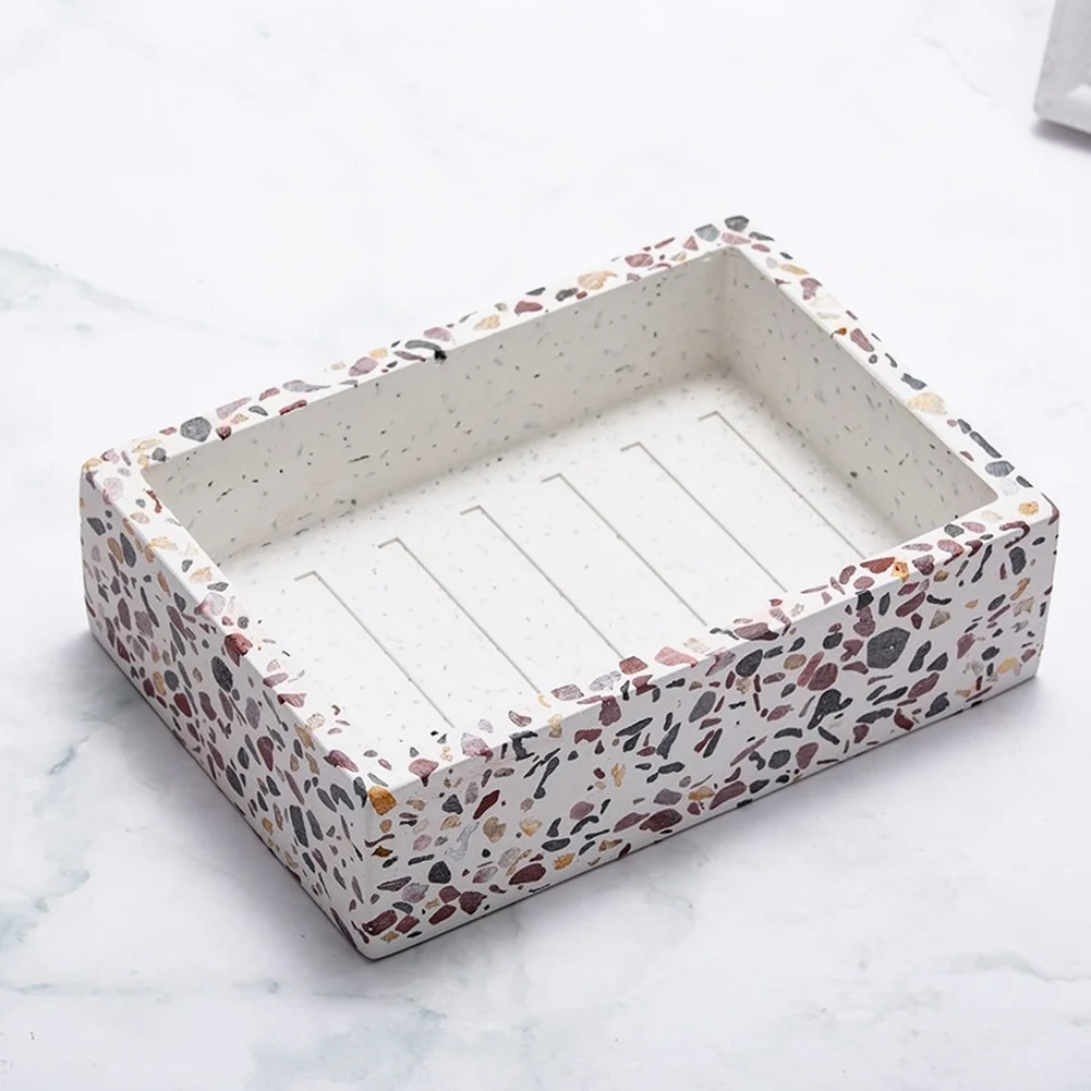 Rectangle Soap Dish White Resin with Terrazzo Aesthetic for Bathroom Kitchen Sink Drain Holder 12.5x8.5x3.5cm Compact Fit